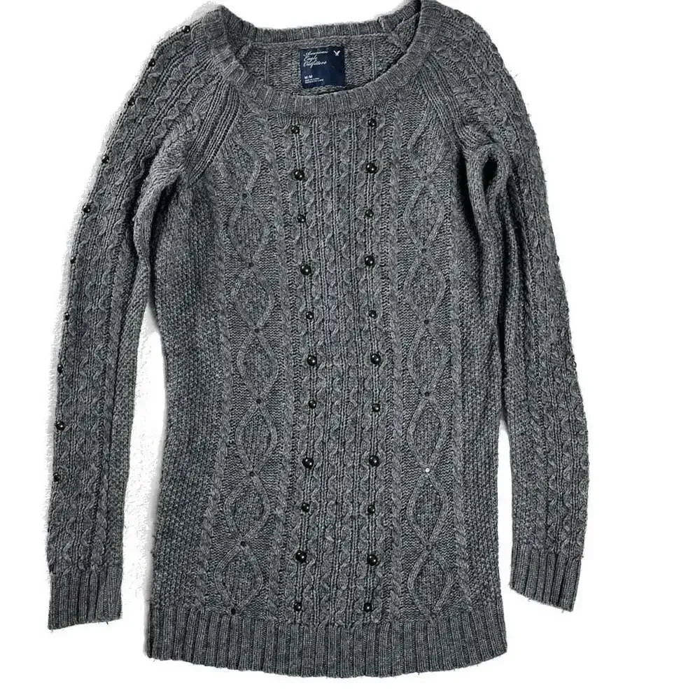 American‎ Eagle Wool Blend Cable Knit Studded Sweater Gray M Indie